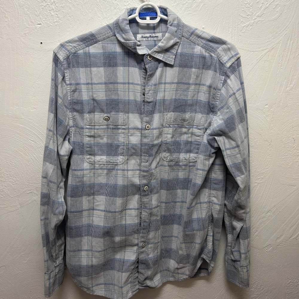 Tommy Bahama Corduroy Grey-Blue Plaid Long-Sleeve Button Down (Size: Small)